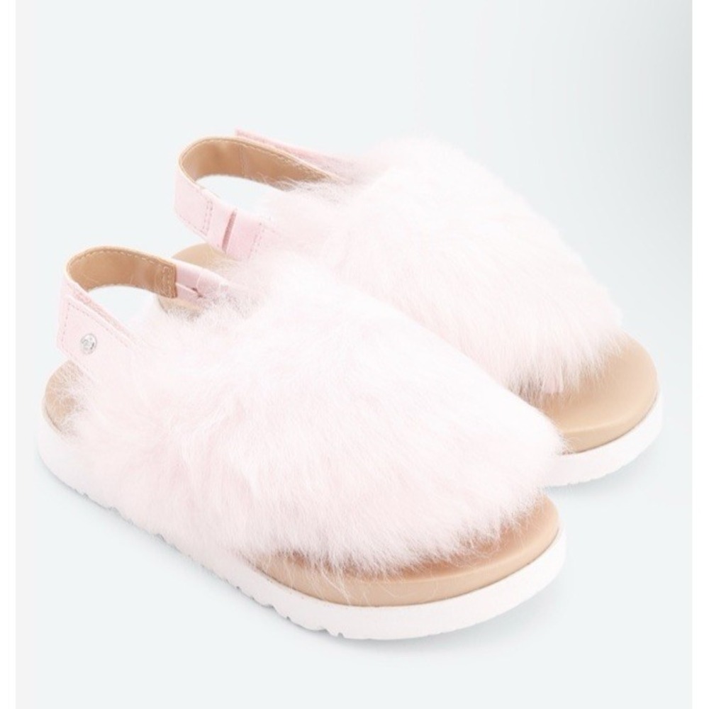 UGG Big Girls Size 5/ EU 35 Holly Fuzzy Sling Back Fur Sandals Seashell‎ Pink